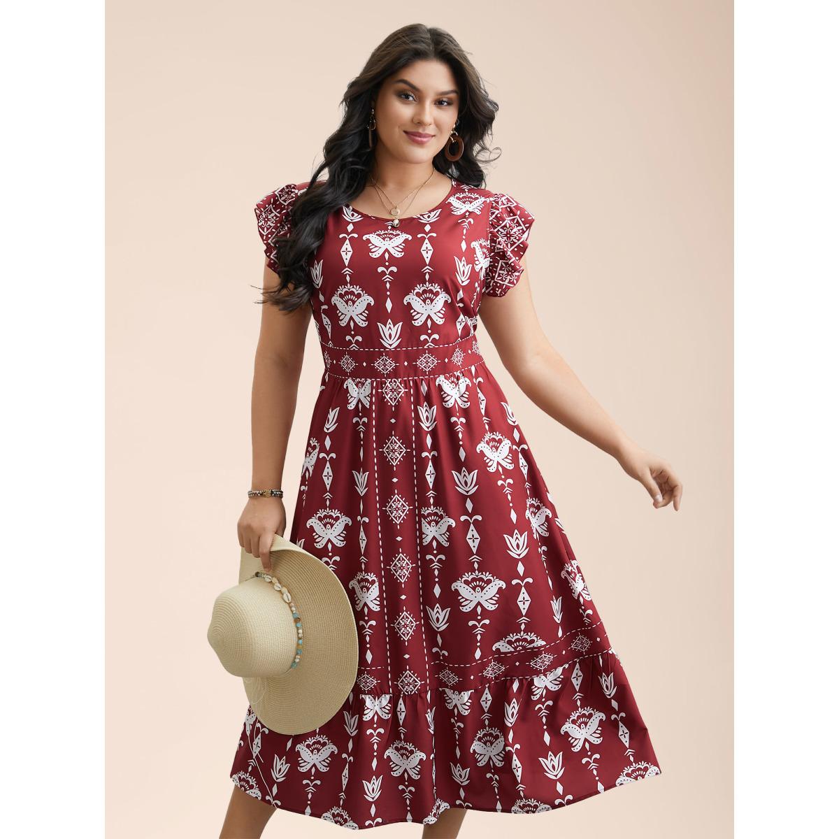 Plus Size Boho Print Stretchy-Waist Ruffled Midi Dress Russet Women Resort Shirred Round Neck Cap Sleeve Curvy BloomChic 26/4X Product Image