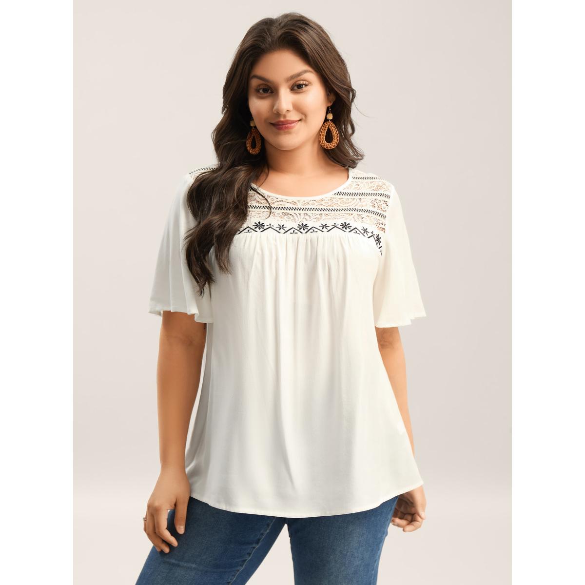 Plus Size WhiteSmoke Stretchy Boho Neck Cut-Out Blouse Women Boho Short sleeve Round Neck Vacation Blouses BloomChic 22-24/3X Product Image