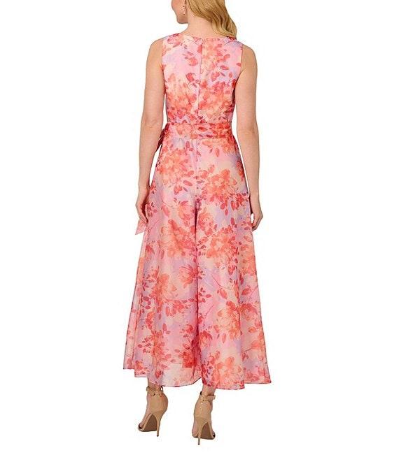 Adrianna Papell V-neck Sleeveless Tie Waist Floral Organza Jumpsuit Product Image