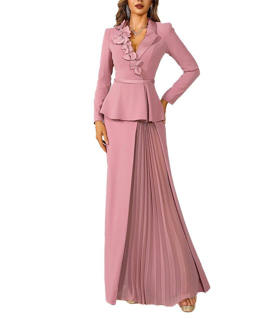 Terani Couture 3D Floral Applique Long Sleeve Peplum Mixed Media Gown Product Image