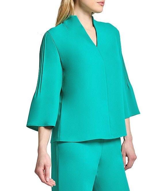 Ming Wang Crepe Pintuck Mandarin Collar V-Neck 3/4 Sleeve Blouse Product Image