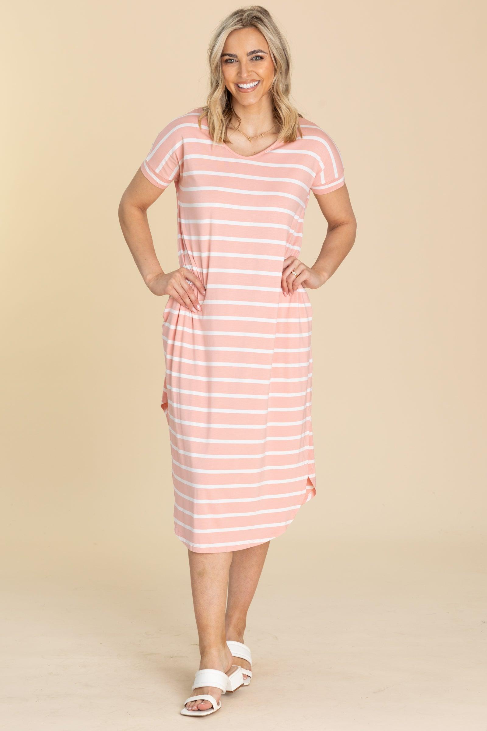 Striped Curved Hem Midi Dress With Pockets Product Image