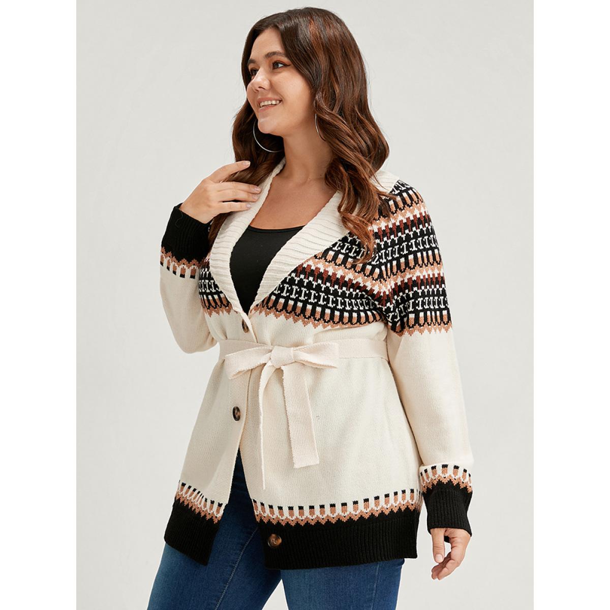 Plus Size Fair Isle Pointelle Knit Belted Jacquard Button Front Cardigan Multicolor Women Casual Loose Long Sleeve Dailywear Cardigans BloomChic 22-24/3X Product Image