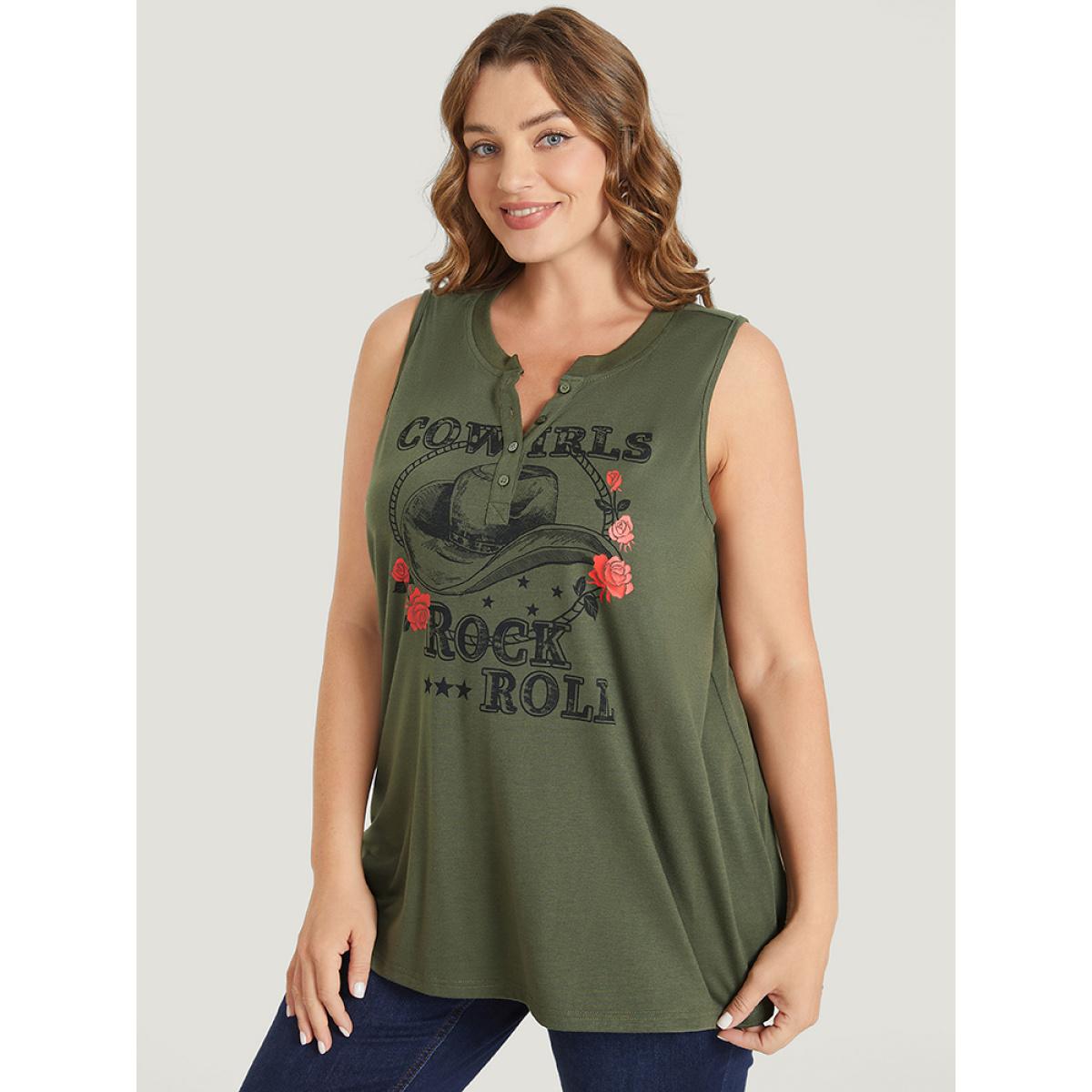 Plus Size Rose & Letter Print Button Up Graphic Tank Top Women ArmyGreen Casual Button Dailywear Tank Tops Camis BloomChic 14-16/1X Product Image