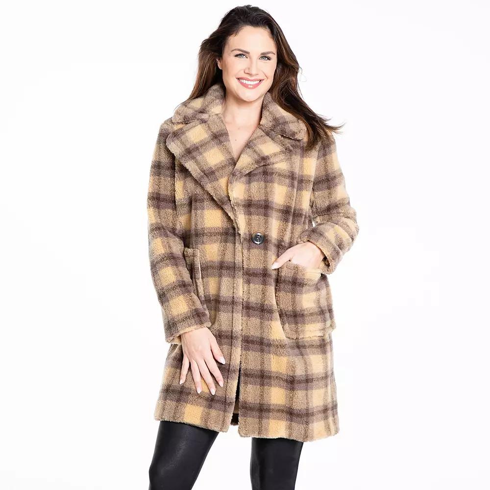 Women's Fleet Street Single Breasted Faux-Fur Plaid Coat,  Product Image