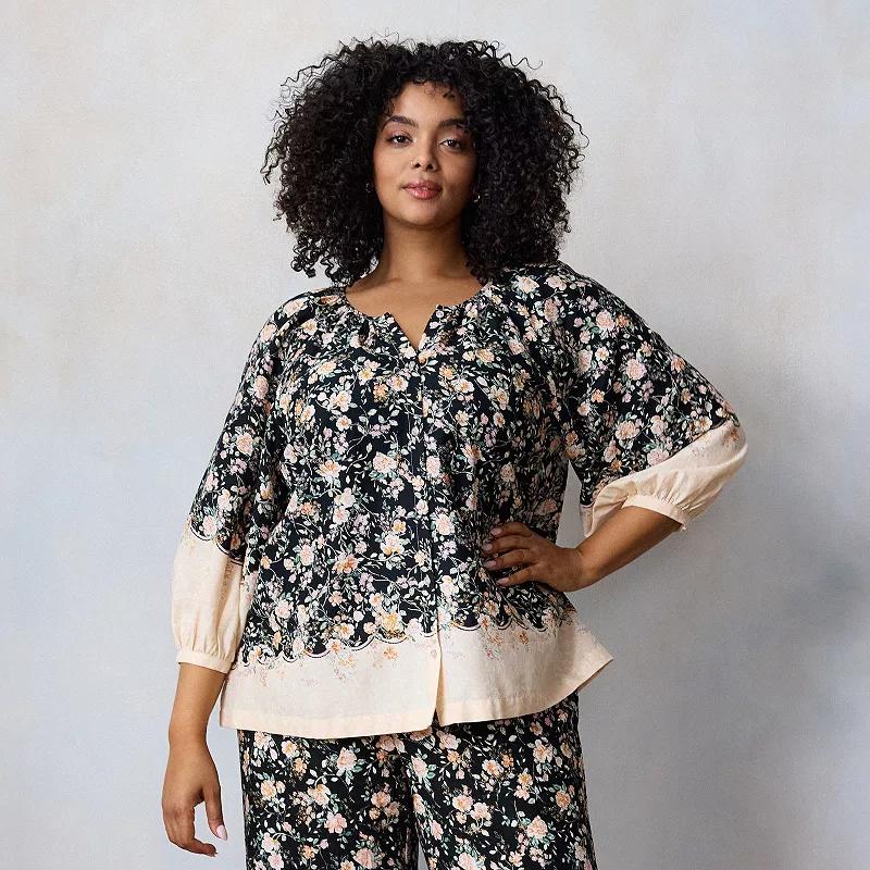 Plus Size LC Lauren Conrad Raglan Sleeve Button Front Peasant Top, Women's, Size: 1XL, Black Lizzie Border Product Image