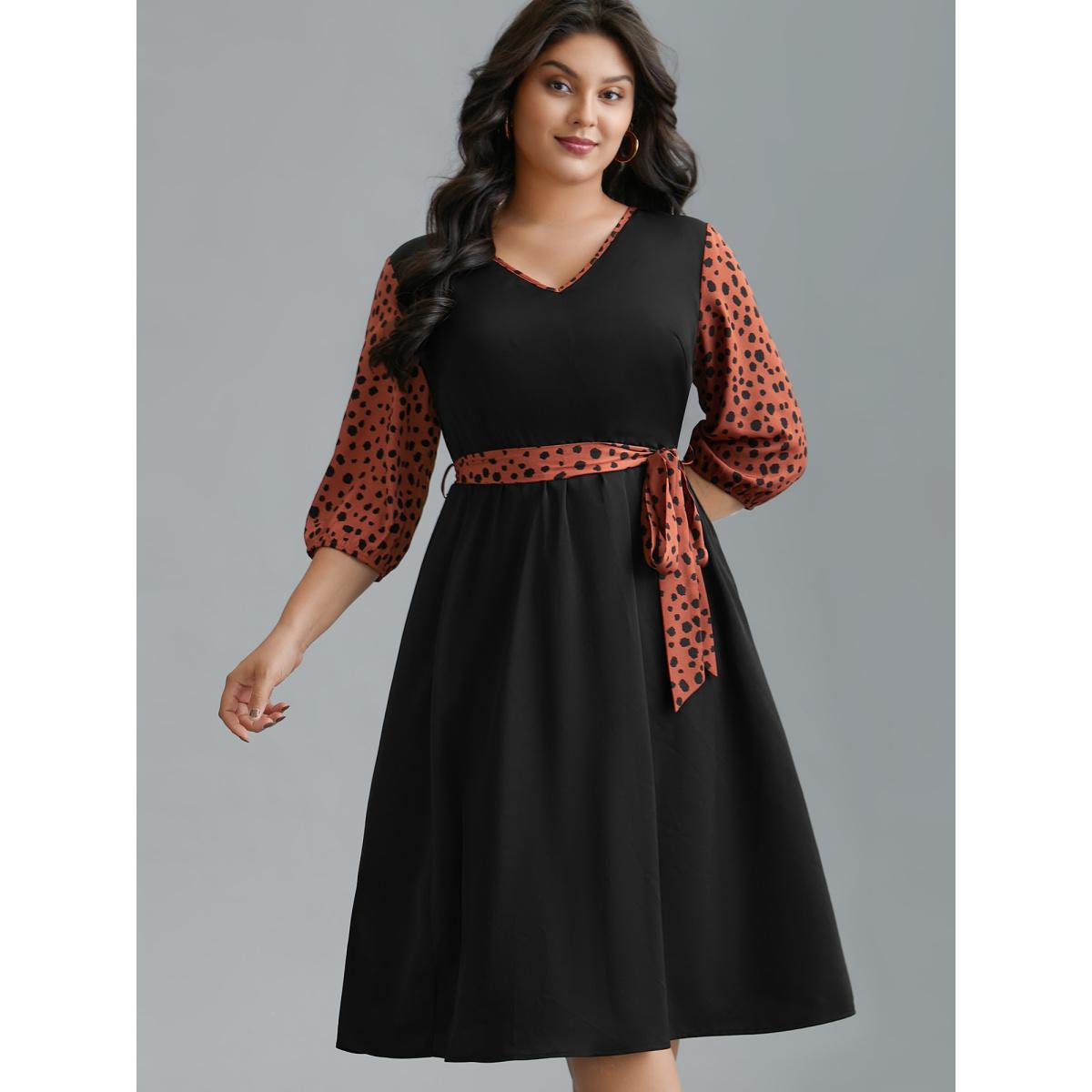 Plus Size V Neck Polka Dot Color contrast Dress Black Women Elegant Belted V-neck Elbow-length sleeve Curvy BloomChic 30/6X Product Image