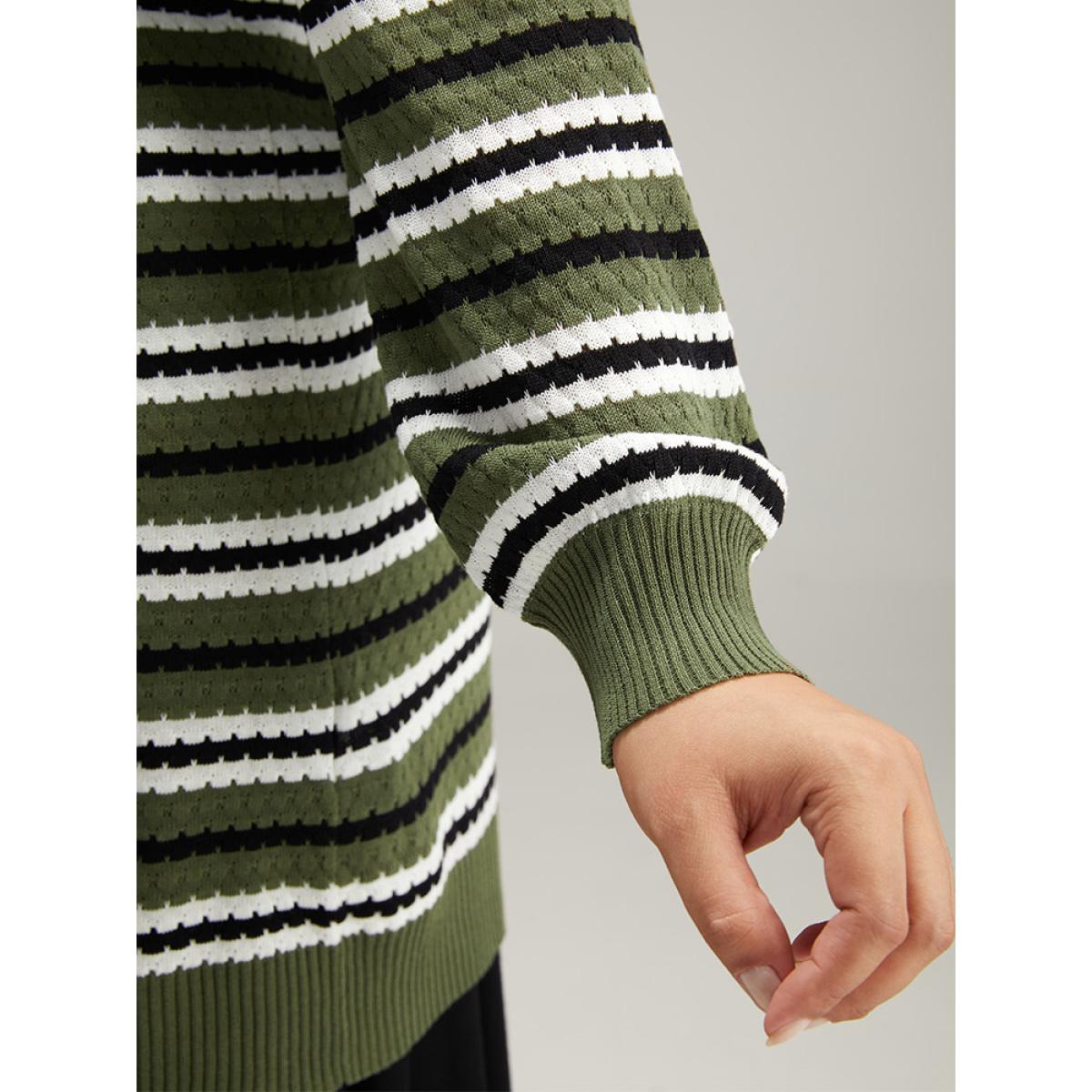 Plus Size Striped Contrast Elastic Cuffs Button Through Cardigan Multicolor Women Glamour Loose Long Sleeve Dailywear Cardigans BloomChic 10/M Product Image