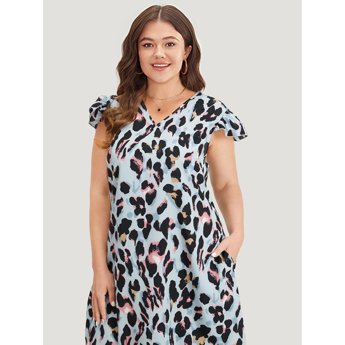 Plus Size Colour Leopard Print Pocket Ruffle Cap Sleeve Dress LightBlue Women Elegant V-neck Cap Sleeve Curvy Knee Dress BloomChic 18-20/2X Product Image