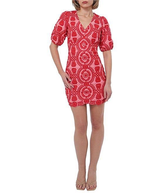 Adelyn Rae Rosemary Eyelet Embroidered Print V Neck Short Puff Sleeve Sheath Mini Dress Product Image