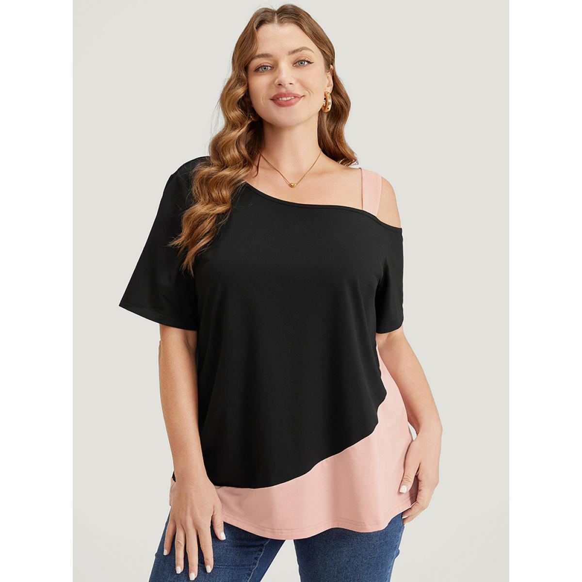 Plus Size Two Tone Asymmetrical Neck T-shirt Black Women Elegant Contrast Colorblock Asymmetrical Neck Dailywear T-shirts BloomChic 22-24/3X Product Image