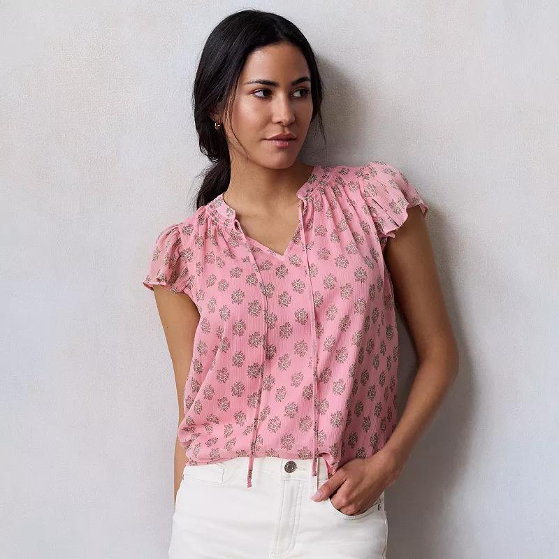 Petite LC Lauren Conrad Tie Front Ruffle V-Neck Shell Top, Women's, Size: Medium Petite, Pink Ana Flora Product Image