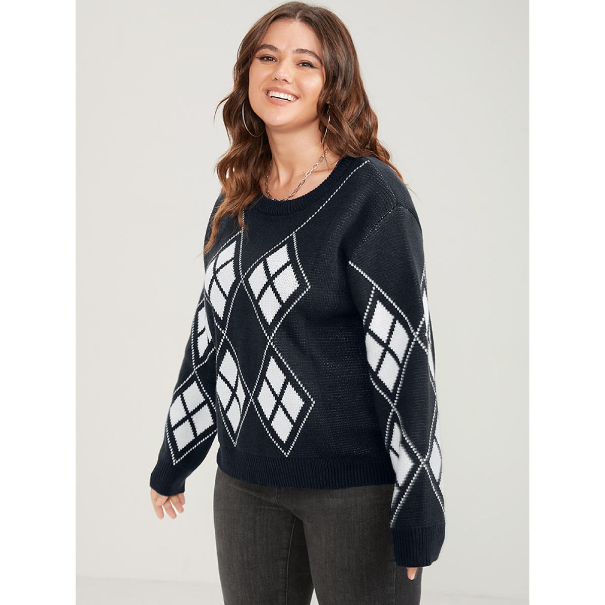 Plus Size Geometric Contrast Pointelle Knit Round Neck Knit Top Black Women Casual Long Sleeve Round Neck Dailywear Pullovers BloomChic 12/L Product Image