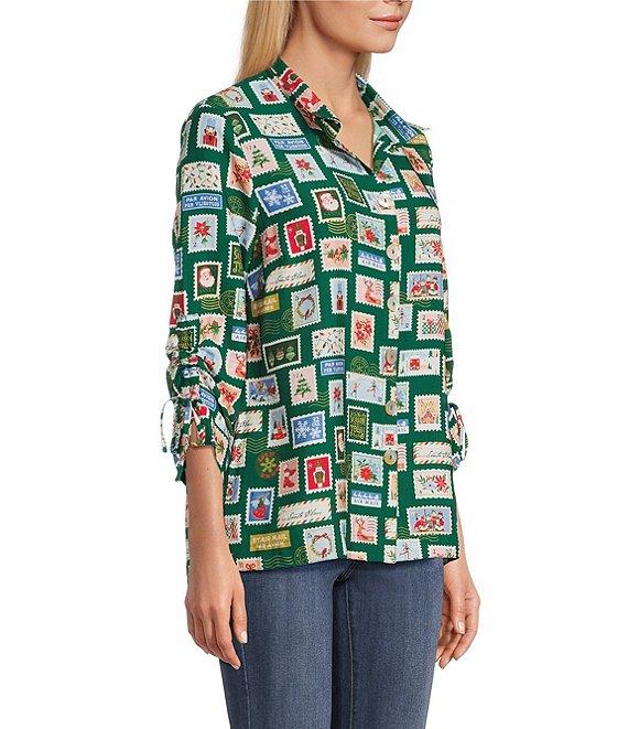 John Mark Christmas Novelty Stamp Print Wire Collar 3/4 Cinched Tie Sleeve Button Front Blouse Product Image