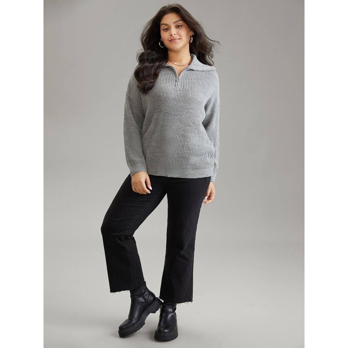 Plus Size Solid Knit O Ring Half Zip Pullover DarkGray Women Casual Loose Long Sleeve Polo Dailywear Pullovers BloomChic 26/4X Product Image