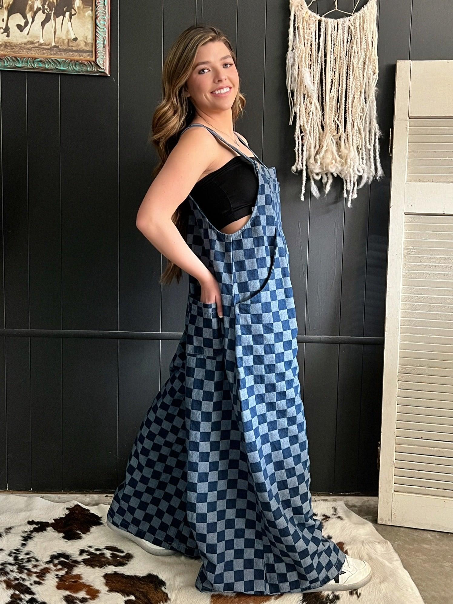 Denim Checkered Wide Leg Overalls* Product Image