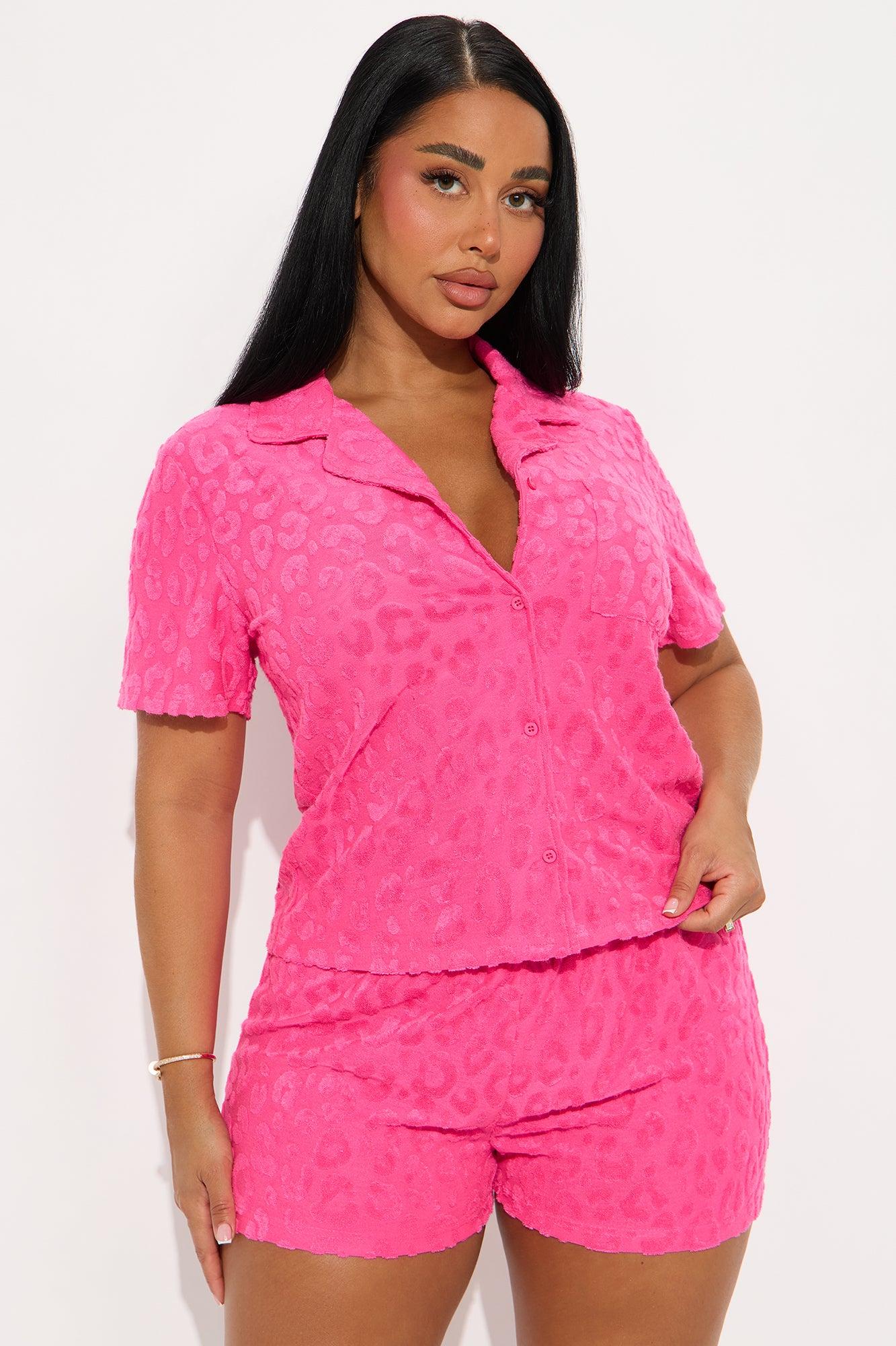 Bedroom Chill French Terry Embossed PJ Short Set - Hot Pink Female Product Image