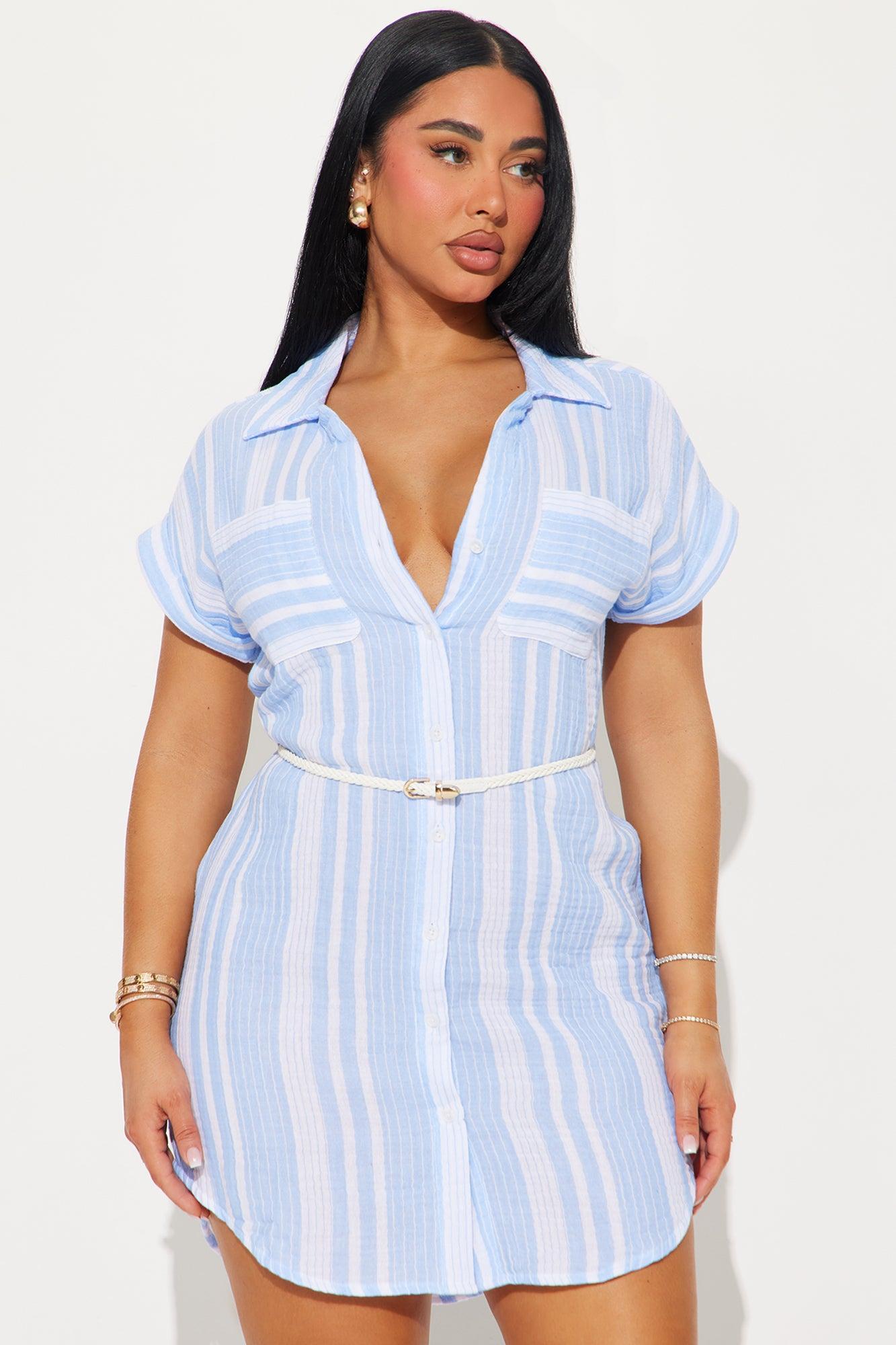 Shanice Striped Belted Mini Dress - White/Blue Product Image