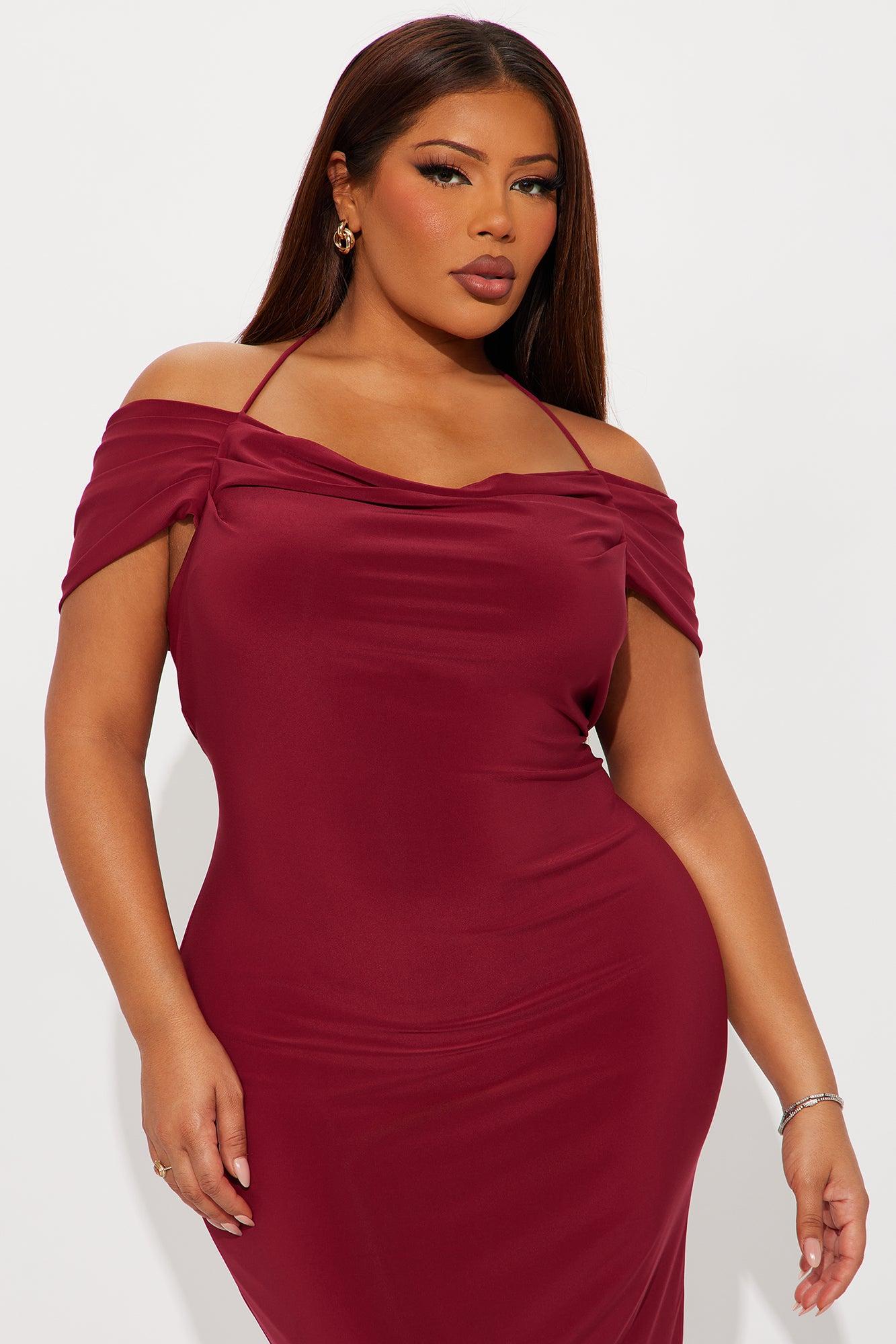 Jaden Off Shoulder Cowl Back Maxi Dress - Burgundy Female Product Image