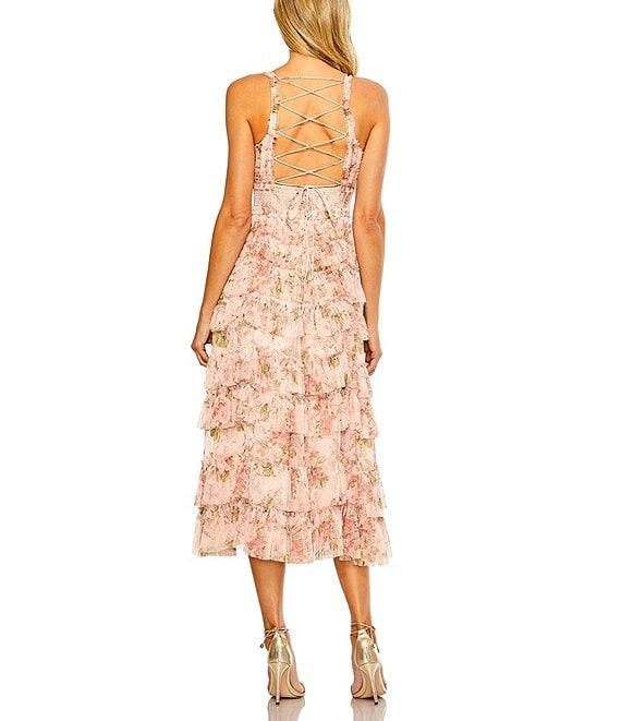 Mac Duggal Mesh Floral Print V-Neck Sleeveless Ruffle A-Line Midi Dress Product Image
