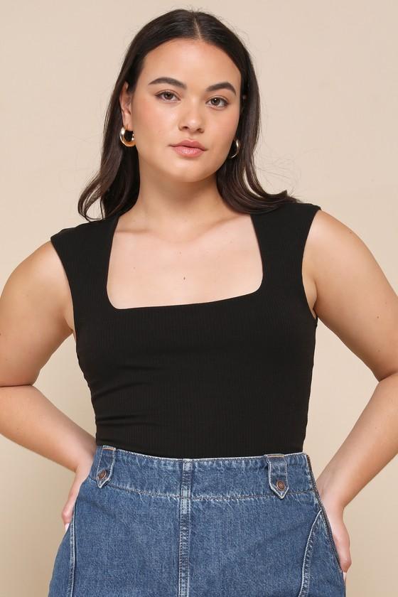 Sweet Crush Black Ribbed Square Neck Bodysuit Product Image