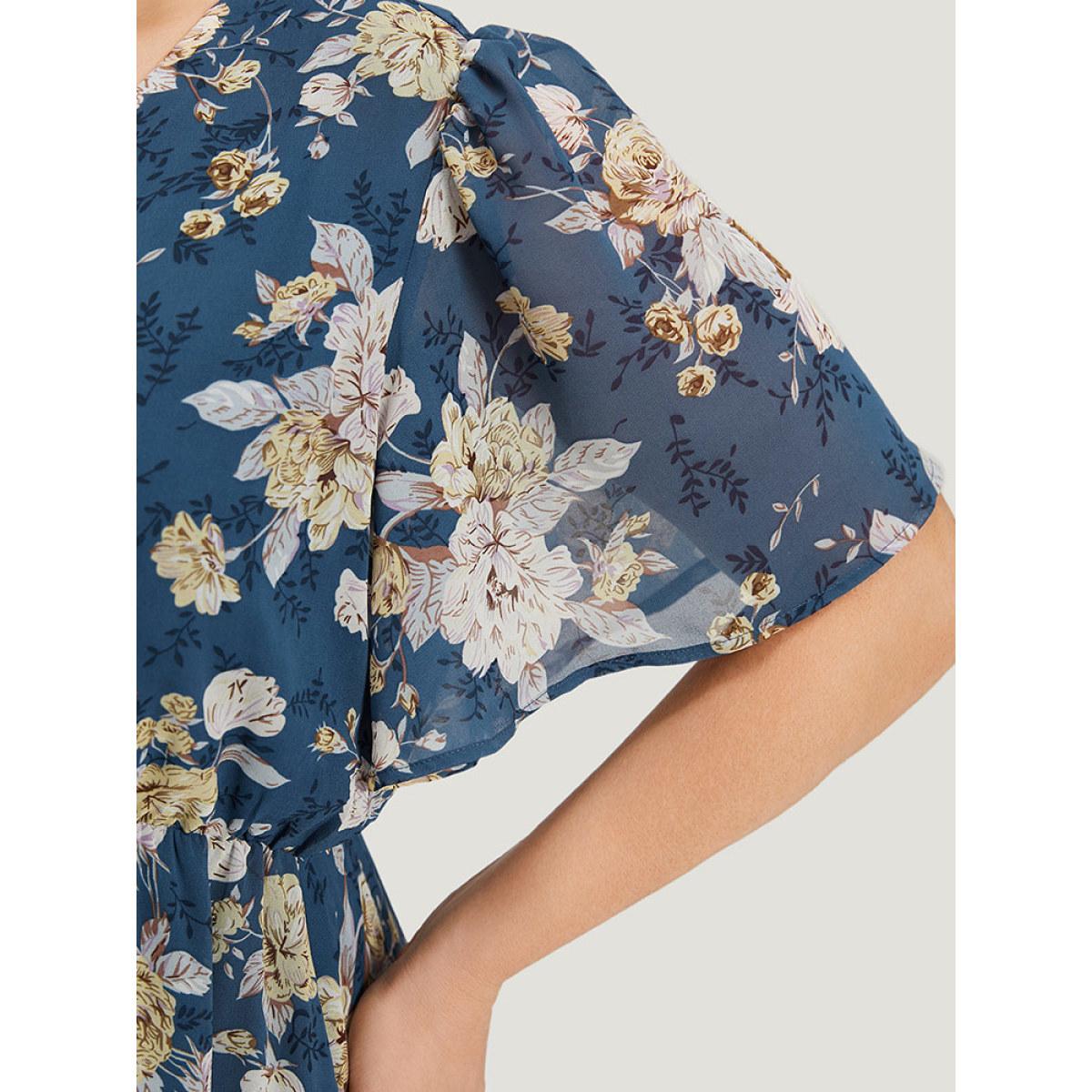 Plus Size Floral Print Surplice Neck Flutter Sleeve Dress Stone Women Elegant Gathered V-neck Short sleeve Curvy Midi Dress BloomChic 30/6X Product Image