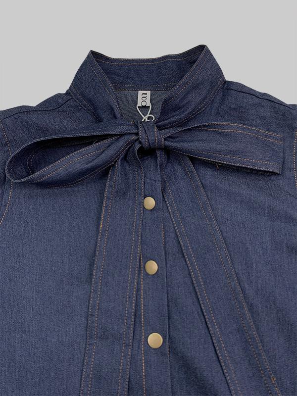 Long Sleeves Puff Sleeves Bow-Embellished Buttoned Split-Joint Tied High Neck Blouses&Shirts Tops Product Image