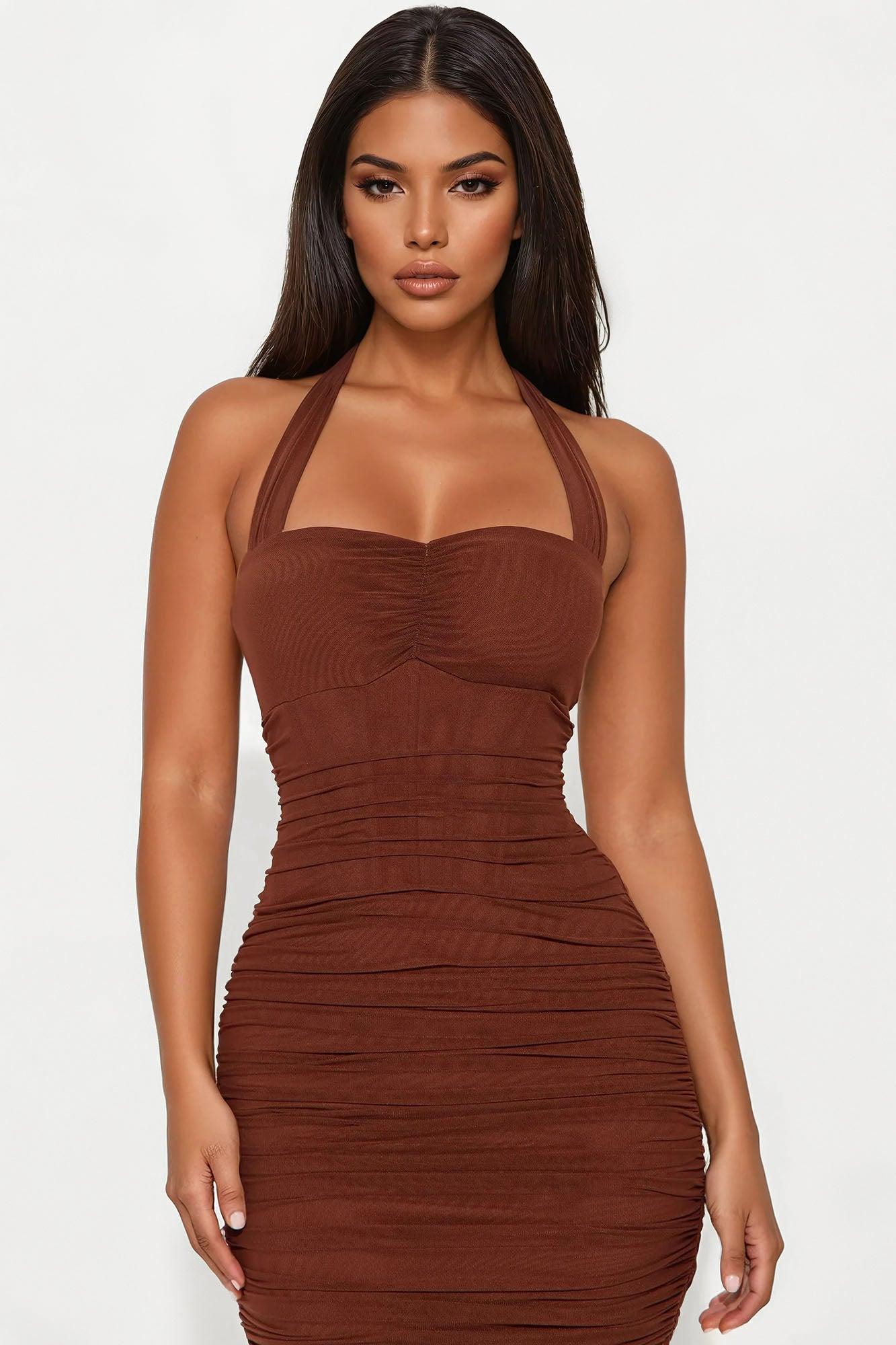 Lisa Ruched Mesh Sleeveless Maxi Dress - Brown Product Image