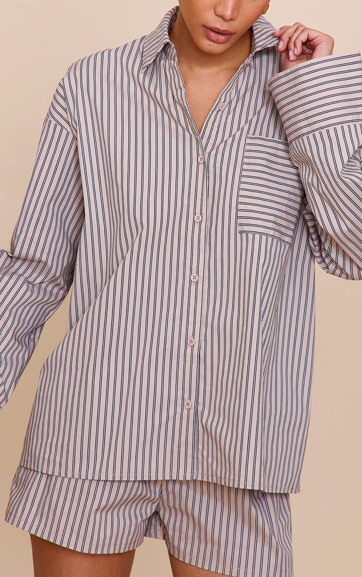 Stone Woven Pinstripe Balloon Sleeve Oversized Shirt Product Image