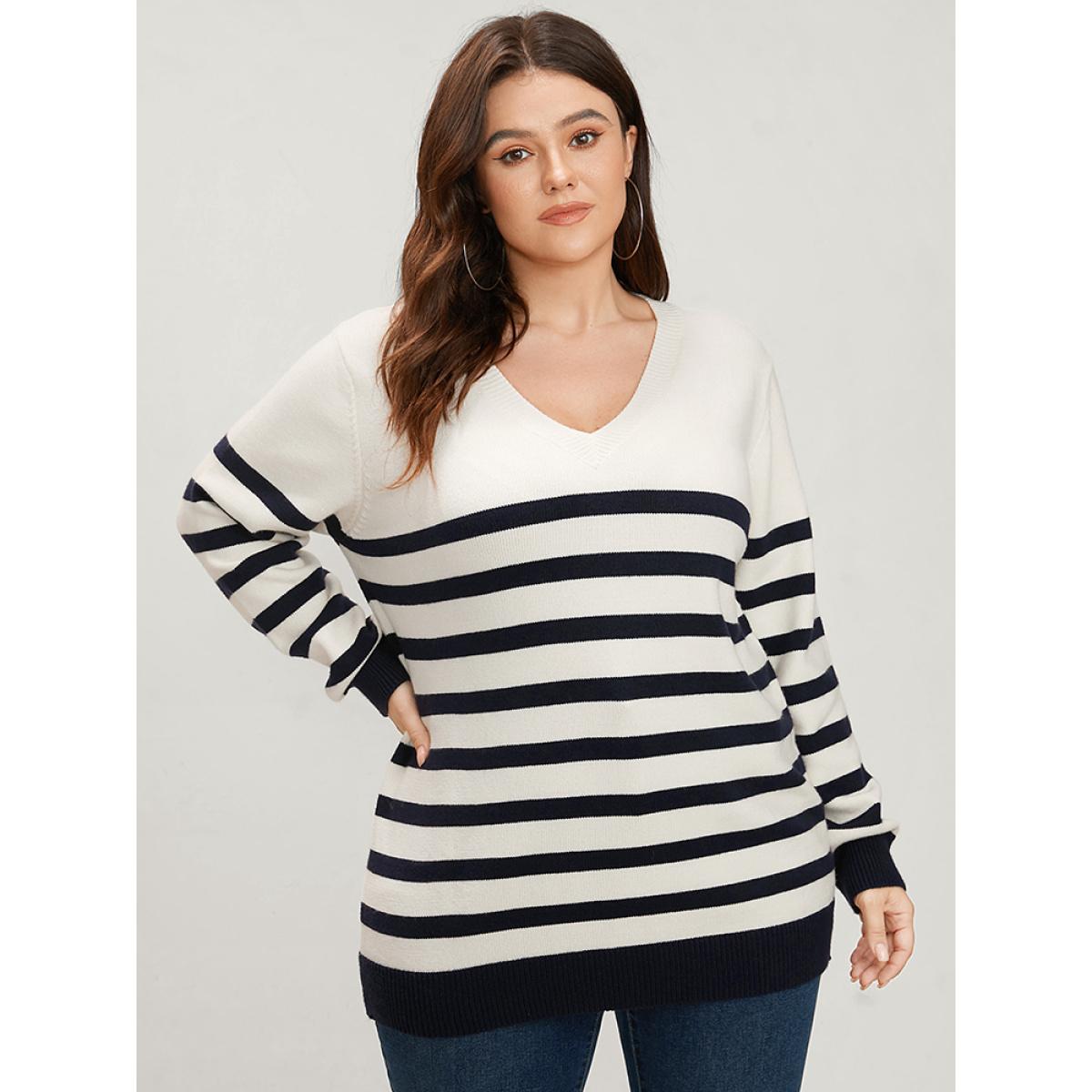 Plus Size Striped Pointelle Knit V Neck Contrast Loose Knit Top White Women Casual Loose Long Sleeve V-neck Dailywear Pullovers BloomChic 10/M Product Image