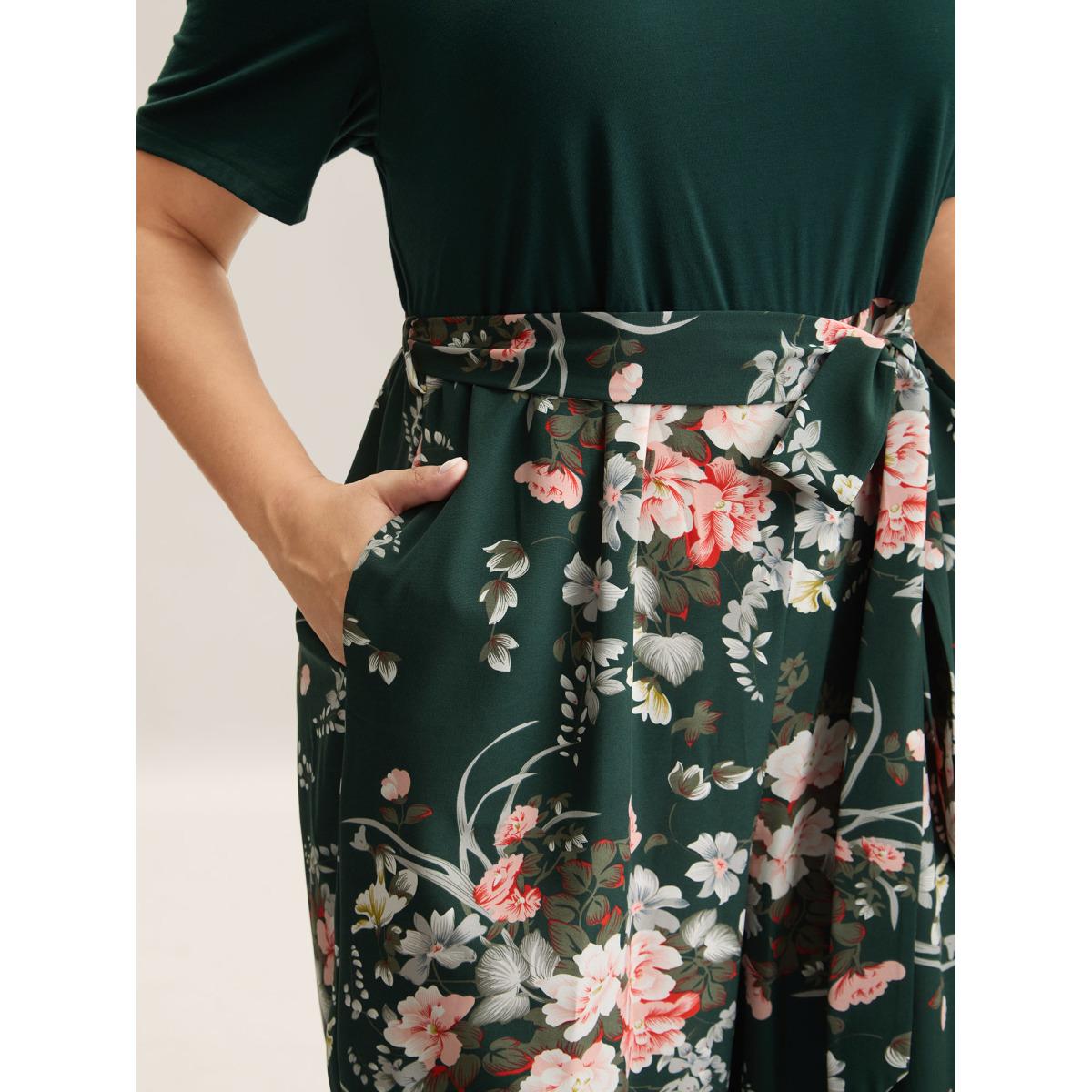 Plus Size DarkGreen Color Contrast Belted Panel Pockets Jumpsuit Women Timeless Short sleeve Square Neck Elegant Loose Jumpsuits BloomChic 28/5X Product Image