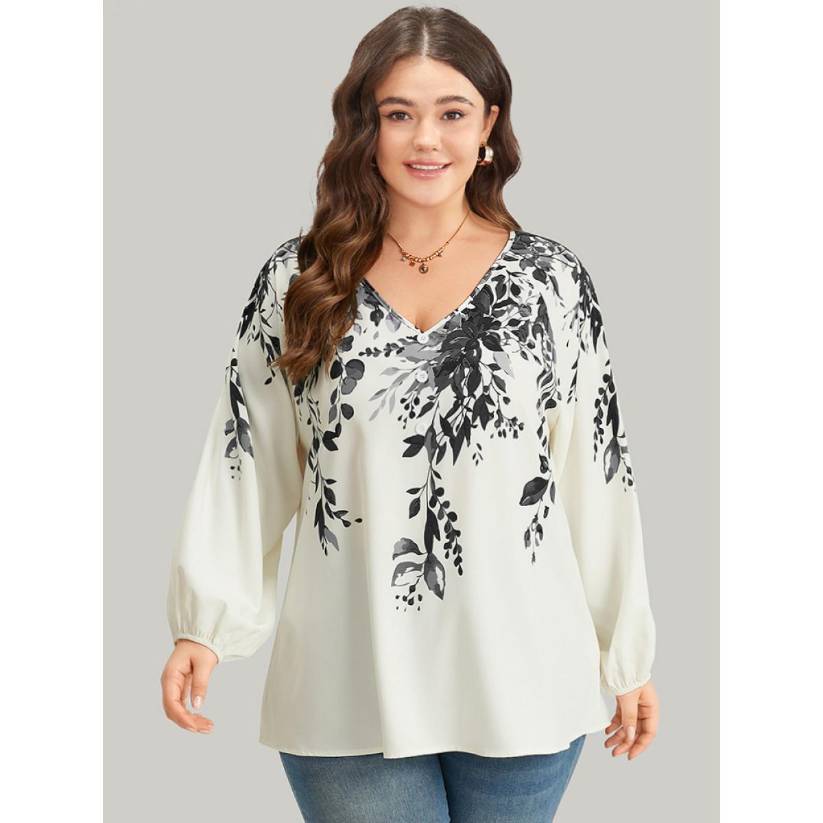 Plus Size Ivory Plants Print Lantern Sleeve Button Detail Blouse Women Vacation Long Sleeve V-neck Dailywear Blouses BloomChic 26/4X Product Image