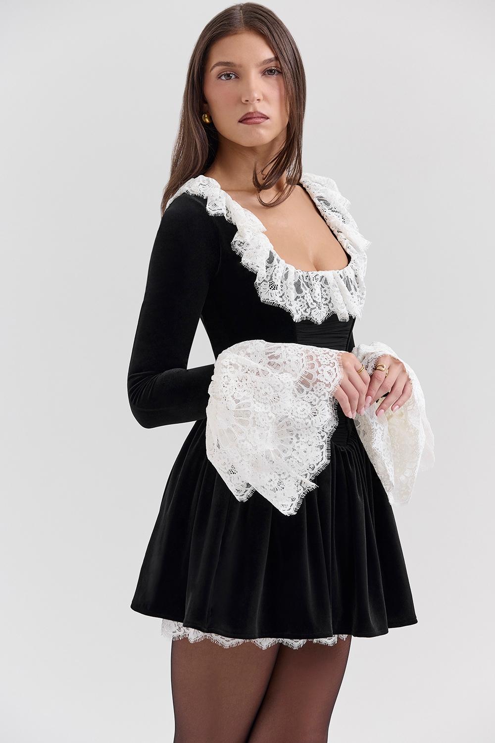 Czarina  black velvet lace trimmed mini dress - sale Product Image