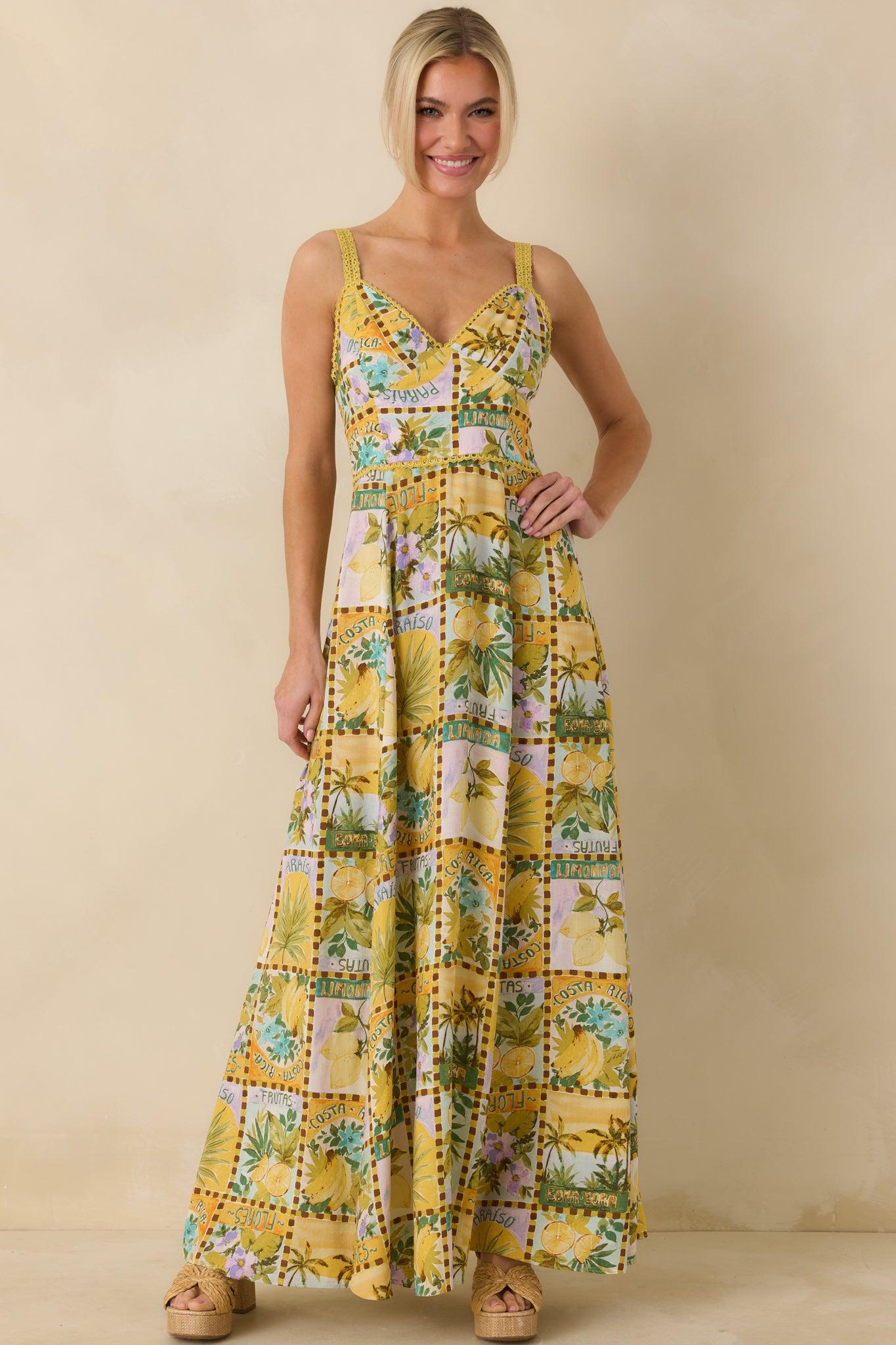 One To Remember Yellow Tropical Print Linen Blend Maxi Dress Product Image