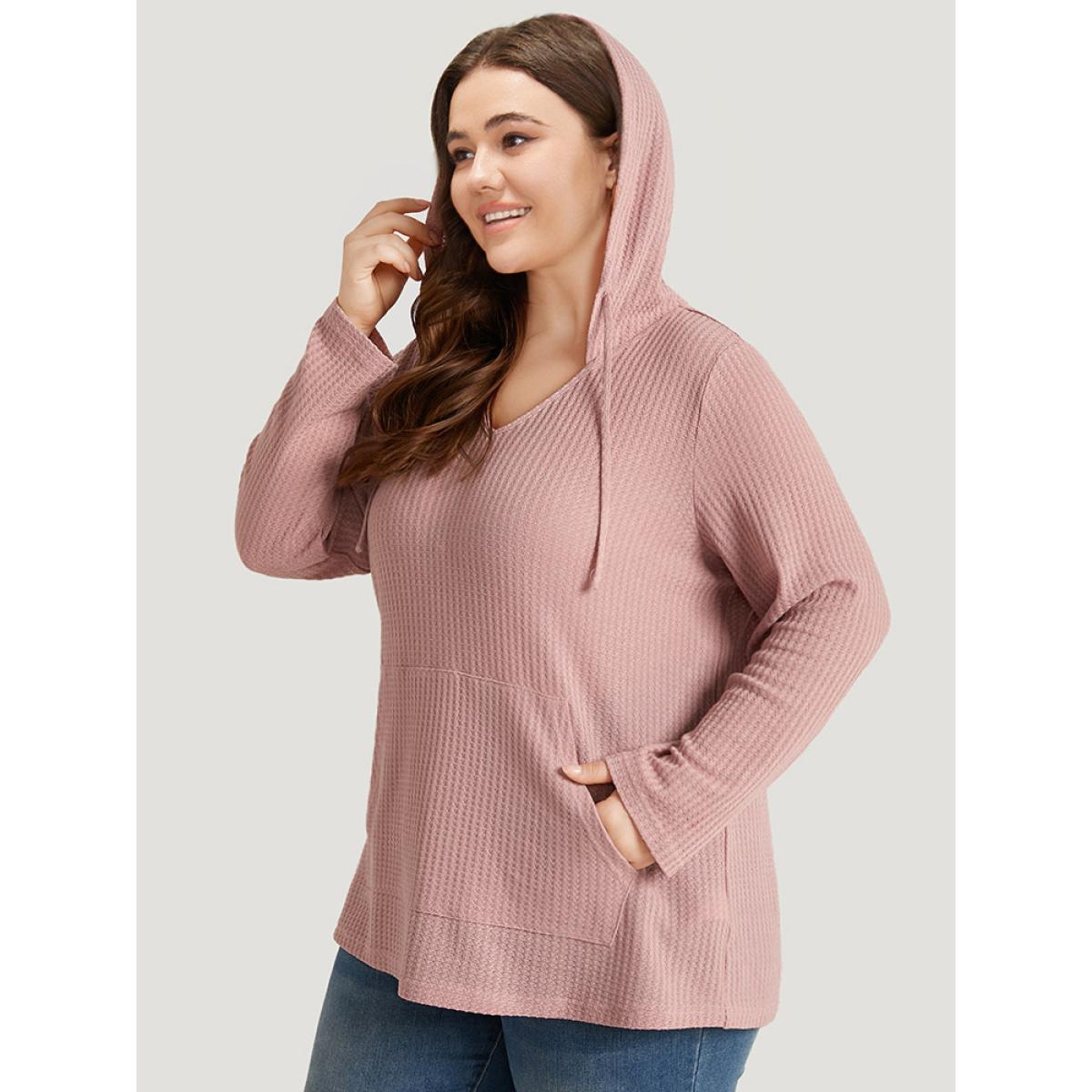 Plus Size Plain Waffle Knit Pocket Drawstring Hooded Sweatshirt Women Pink Casual Plain Hooded Dailywear Sweatshirts BloomChic 14-16/1X Product Image