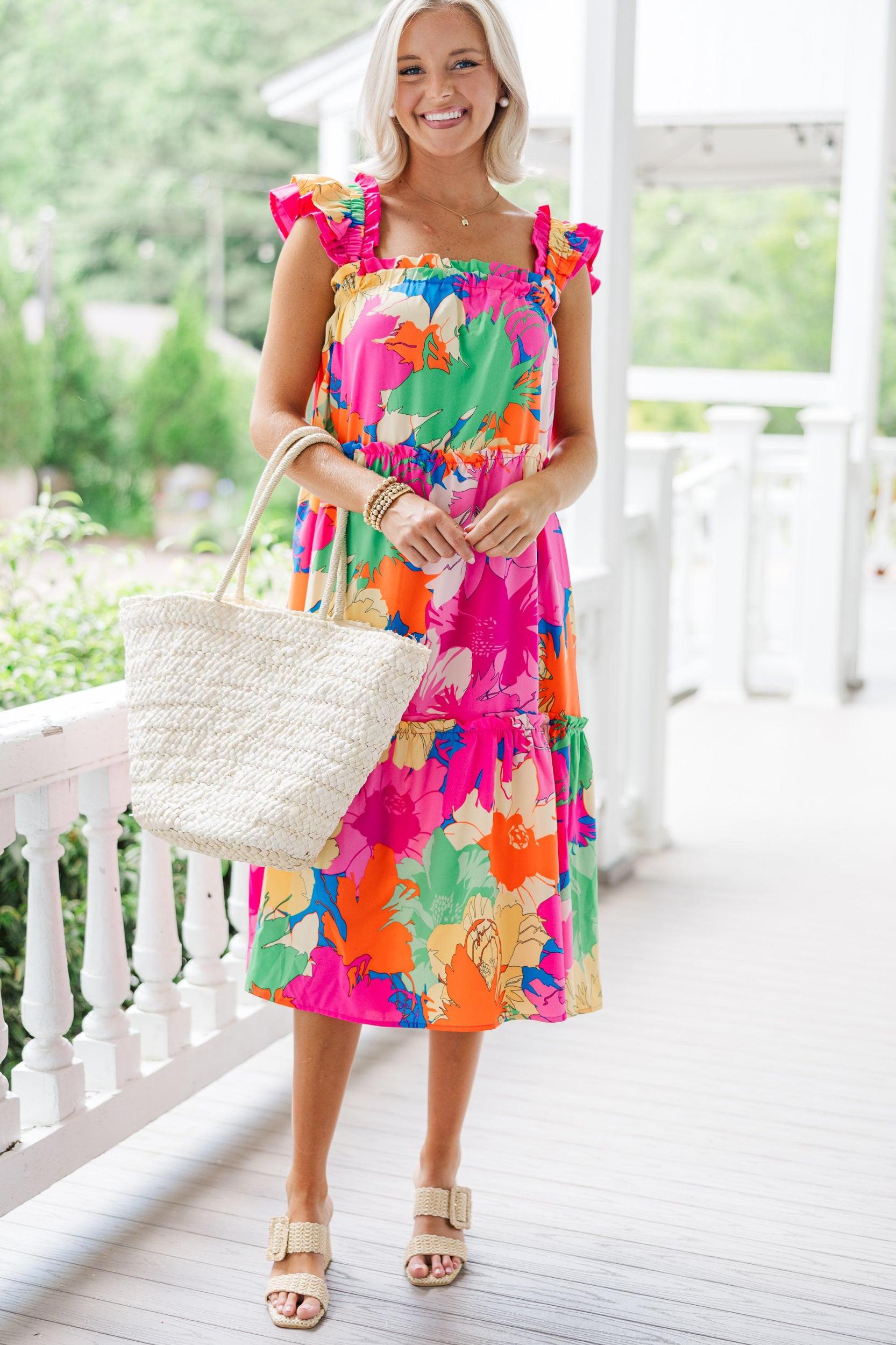 Tell It All Pink Floral Midi Dress Female Product Image