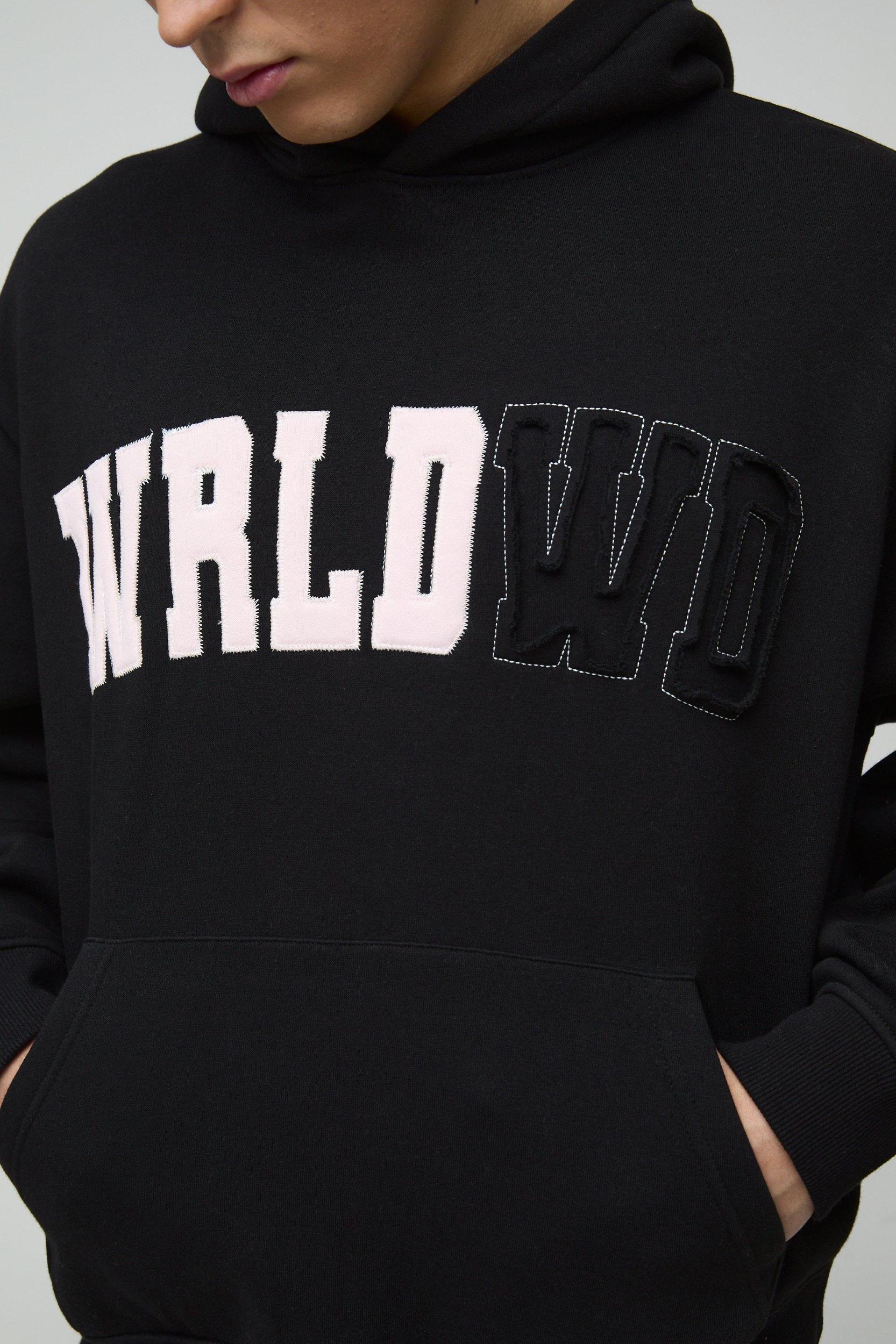 Oversized Boxy Worldwide Distressed Applique Hoodie | boohooMAN USA Product Image