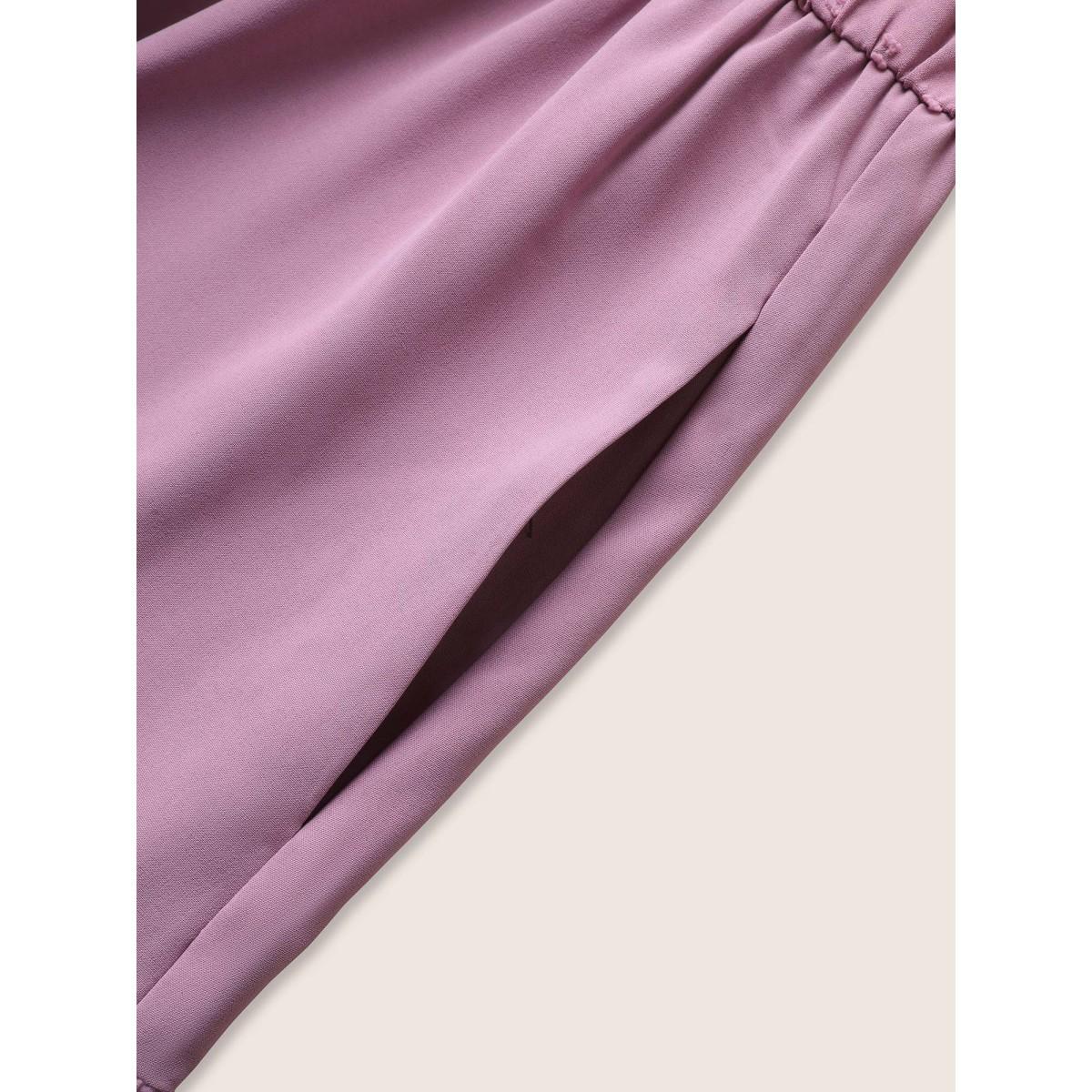 Plus Size Plain Textured Ruffle Layered Hem Belted Dress Lilac Women Elegant Non Square Neck Short sleeve Curvy Midi Dress BloomChic 12/L Product Image