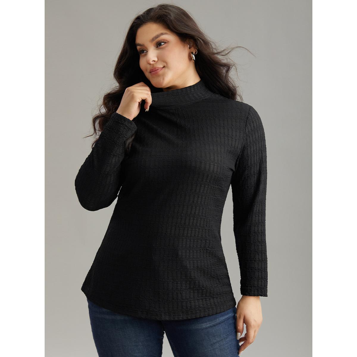 Plus Size Plain Texture Mock Neck T-shirt Black Women Elegant Texture Plain Mock Neck Dailywear T-shirts BloomChic 28/5X Product Image