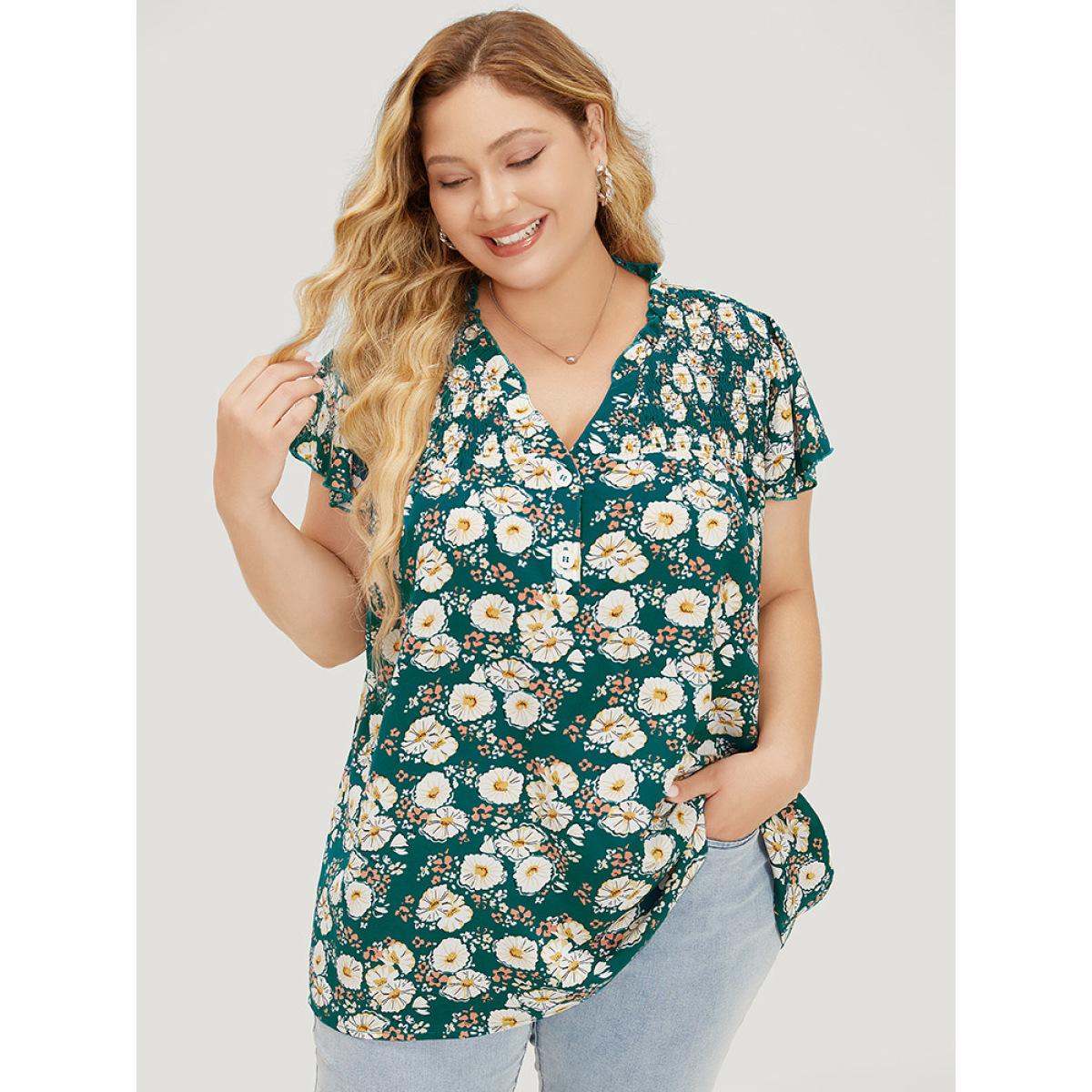 Plus Size Cerulean Floral Ruffle Sleeve Shirred Button Up Frill Trim Blouse Women Elegant Short sleeve V-neck Dailywear Blouses BloomChic 12/L Product Image