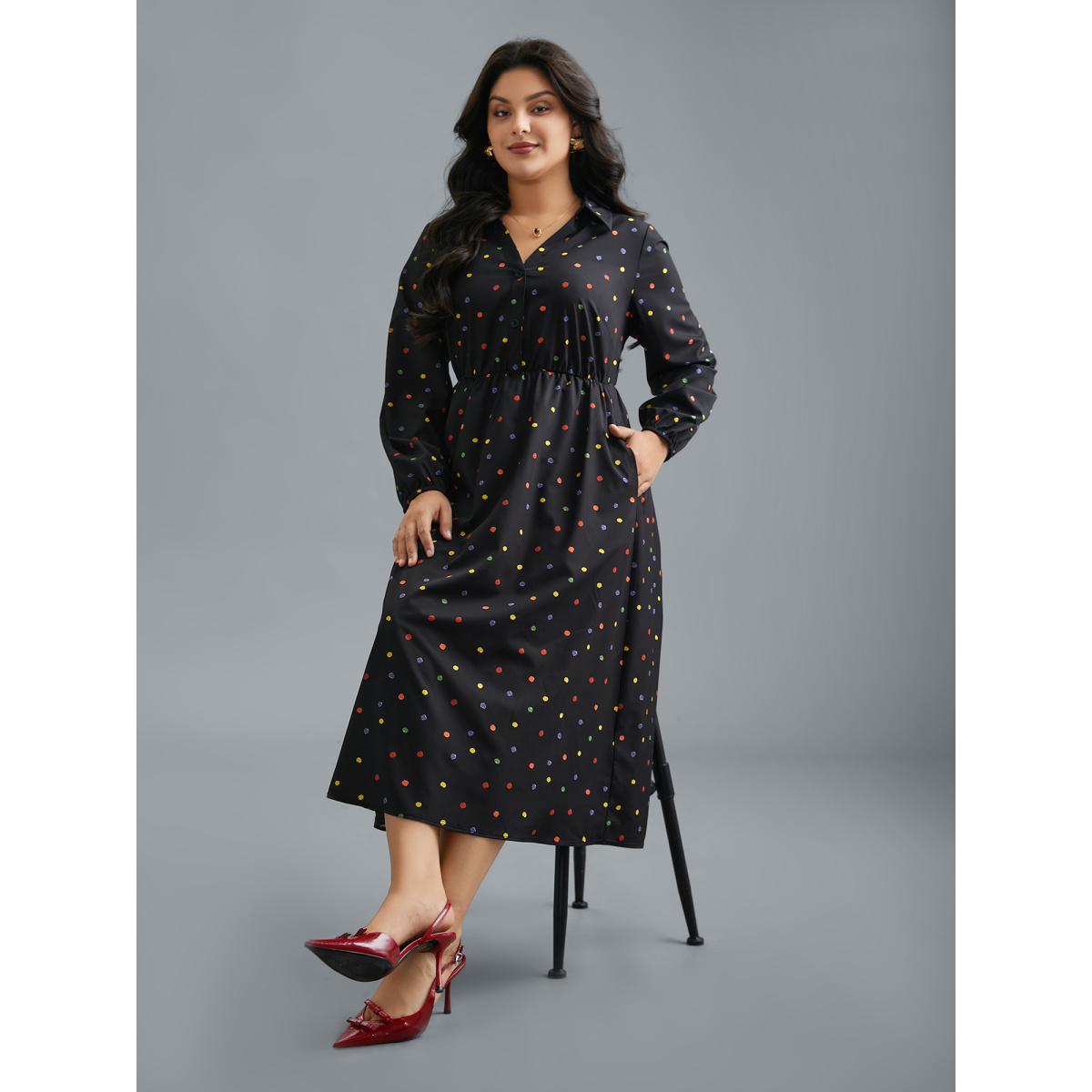 Plus Size Shirt Collar Colored Polka Dot Dress Black Women Elegant Button Shirt collar Long Sleeve Curvy BloomChic 22-24/3X Product Image
