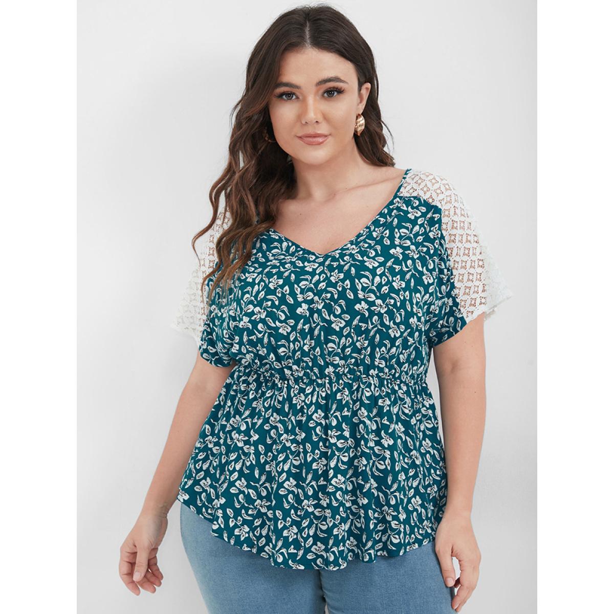 Plus Size Teal Ditsy Floral Ruffles Raglan Sleeve Contrast Lace Blouse Women Elegant Short sleeve V-neck Dailywear Blouses BloomChic 22-24/3X Product Image