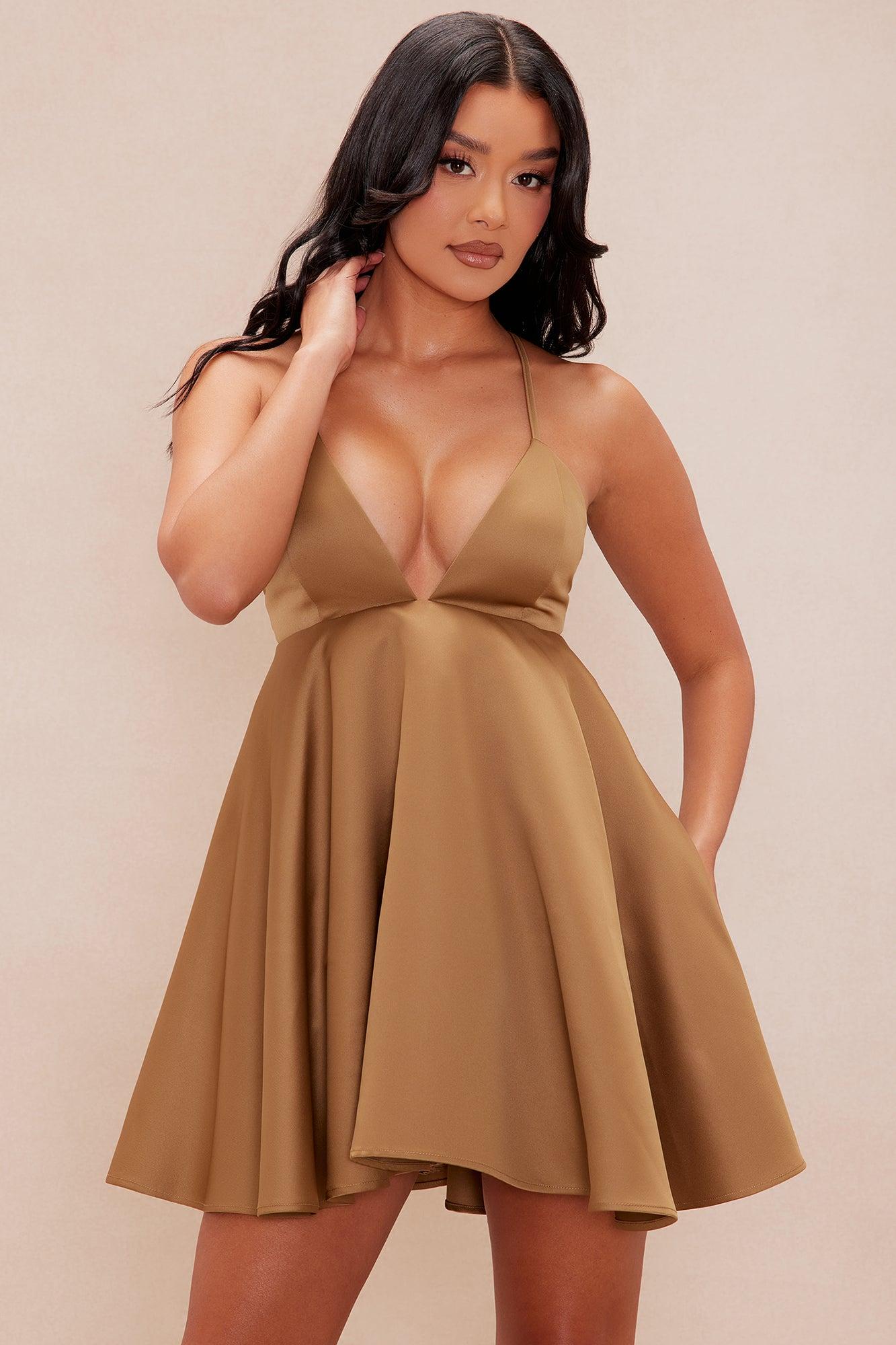 Denice Satin Mini Dress - Cognac Product Image