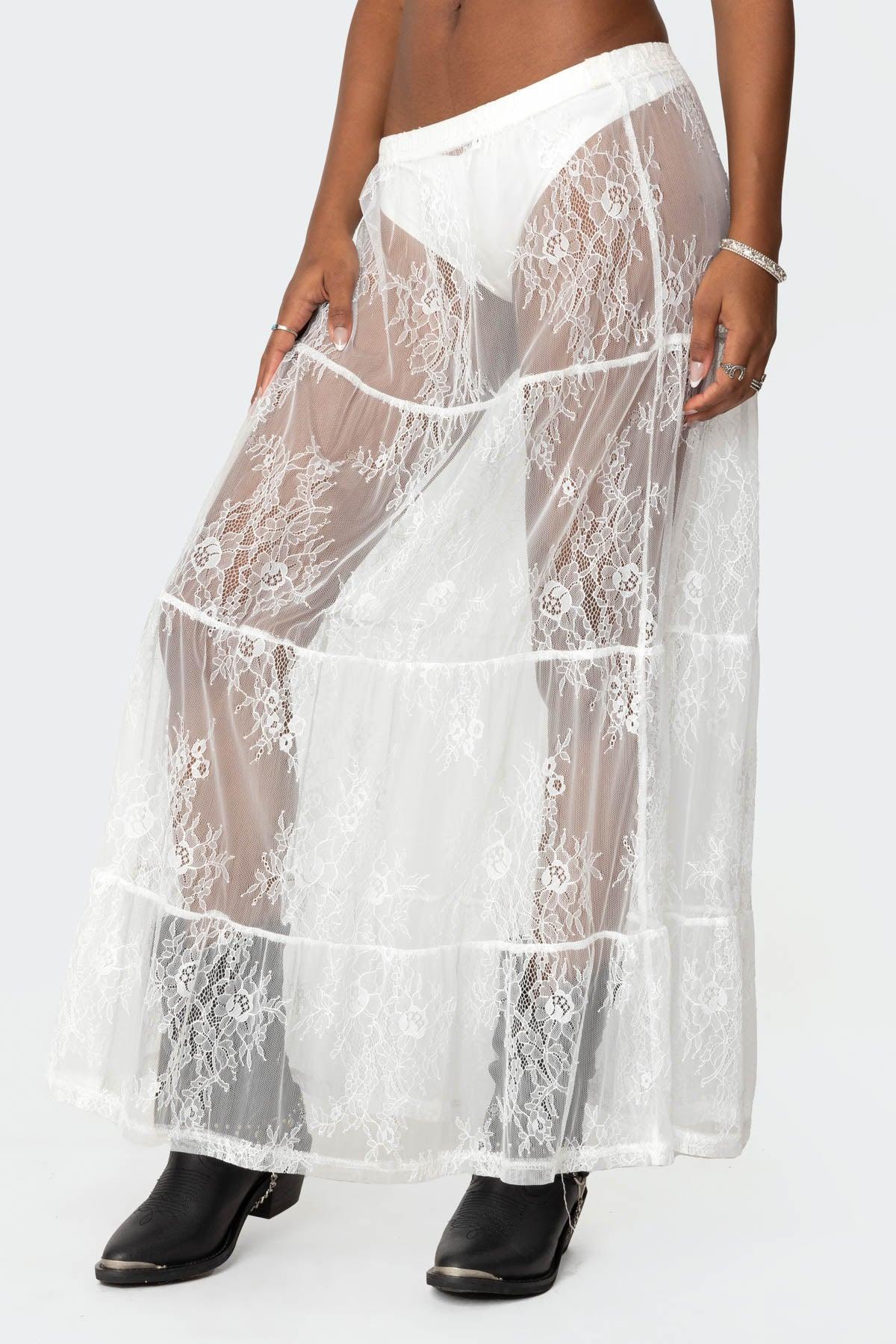 Tiered Sheer Lace Maxi Skirt Product Image