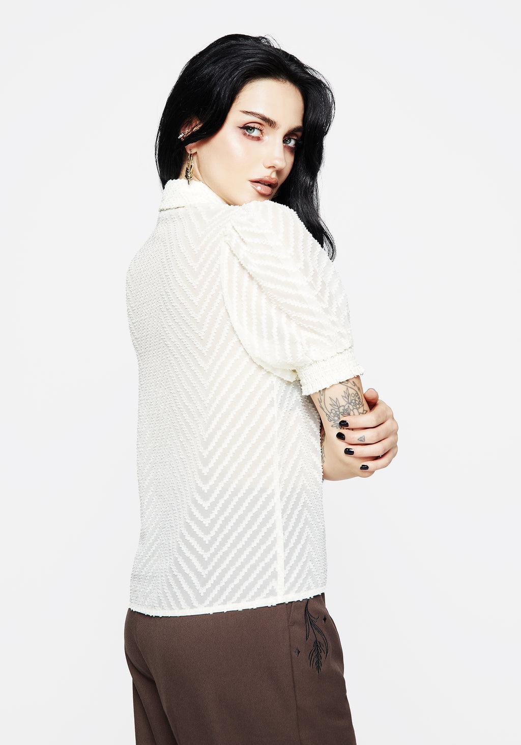 Chevron Button Up Blouse Top - White Product Image