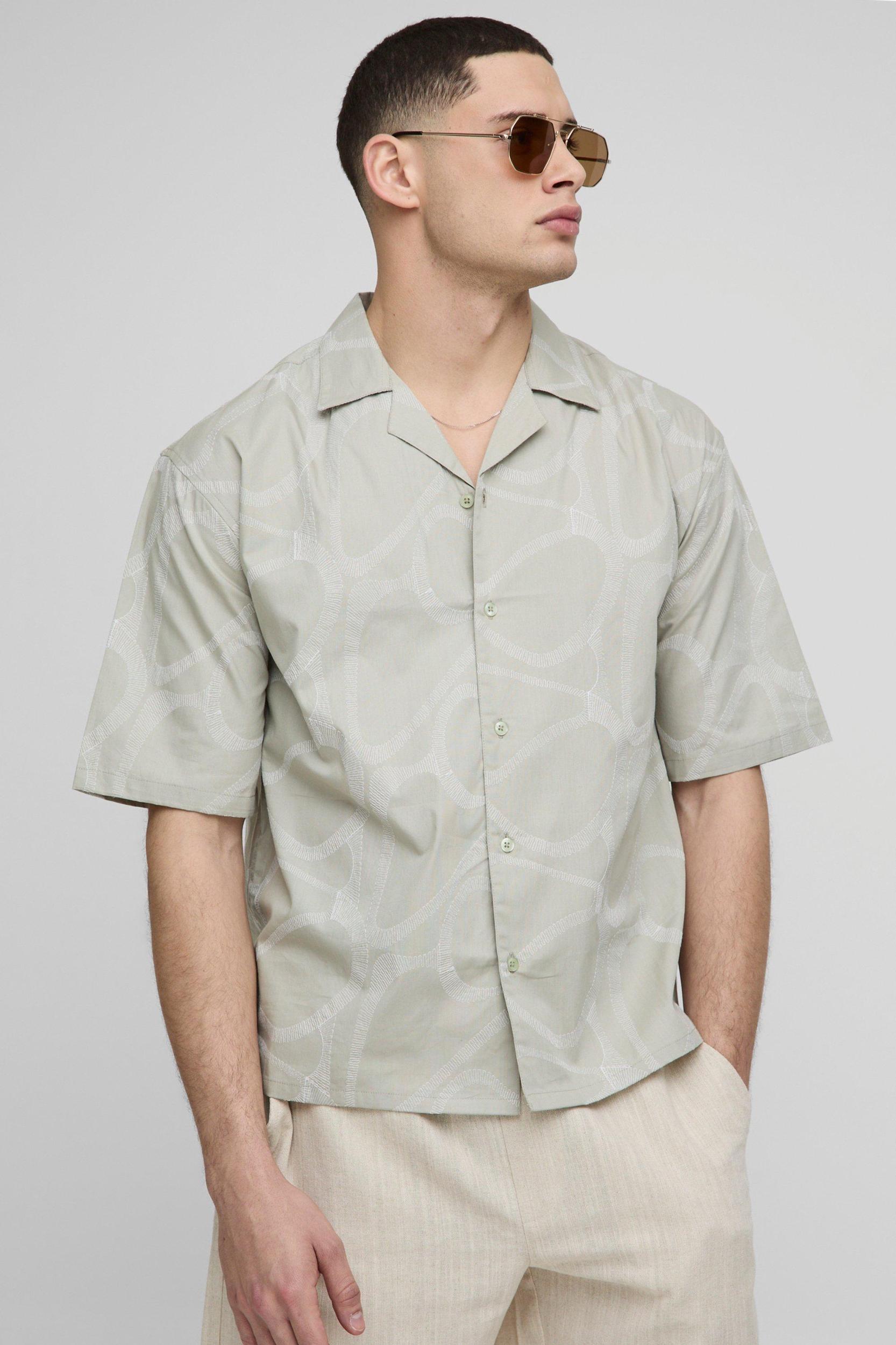 Oversized Half Sleeve Embroidered Shirt | boohooMAN USA Product Image