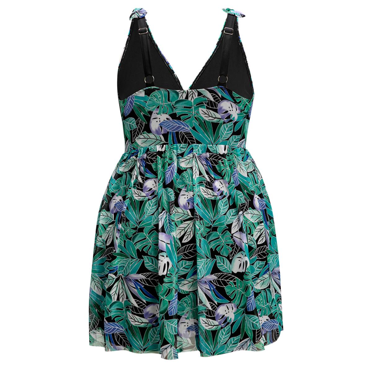 Plus Size Tropical Print Bow Sculpt Waist Split Swim Dress Women's Swimwear BlackFlower Vacation Bodycon V-neck High stretch Curve Swim Dresses BloomChic 12/L Product Image