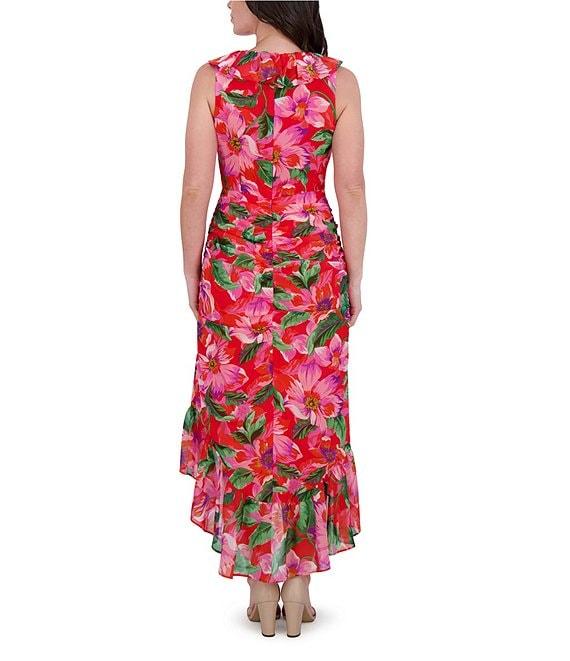 Kensie Chiffon Floral Print V-Neck Sleeveless Ruffle Sheath Midi Dress Product Image