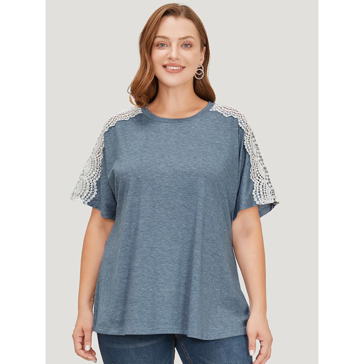 Plus Size Solid Contrast Lace Heather T-shirt Stone Women Elegant Heather Plain Round Neck Dailywear T-shirts BloomChic 14-16/1X Product Image