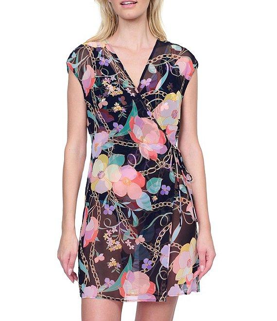 Gottex Semi Sheer Floral Print Surplice V-Neck Cap Sleeve Tie Waist Wrap Dress Swim Cover-Up Product Image